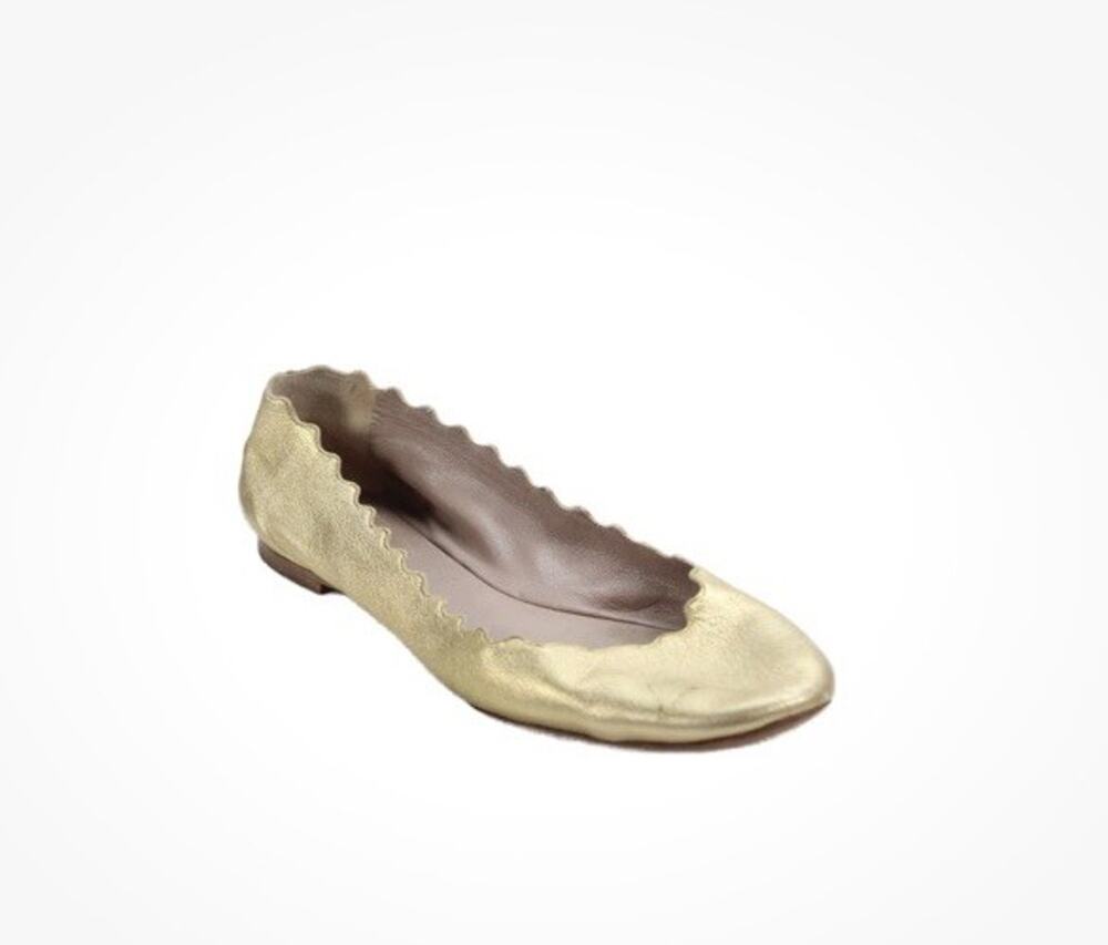 Chloe Womens Leather Metallic Round Toe Scalloped Trim Flats Gold Size 8.5